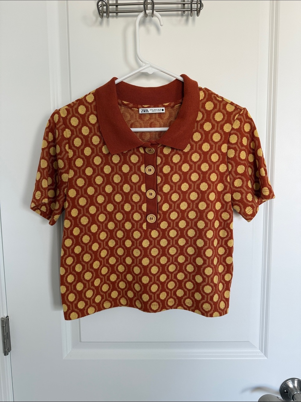Zara Burnt Orange Polo Knit Top with Yellow Dot Pattern